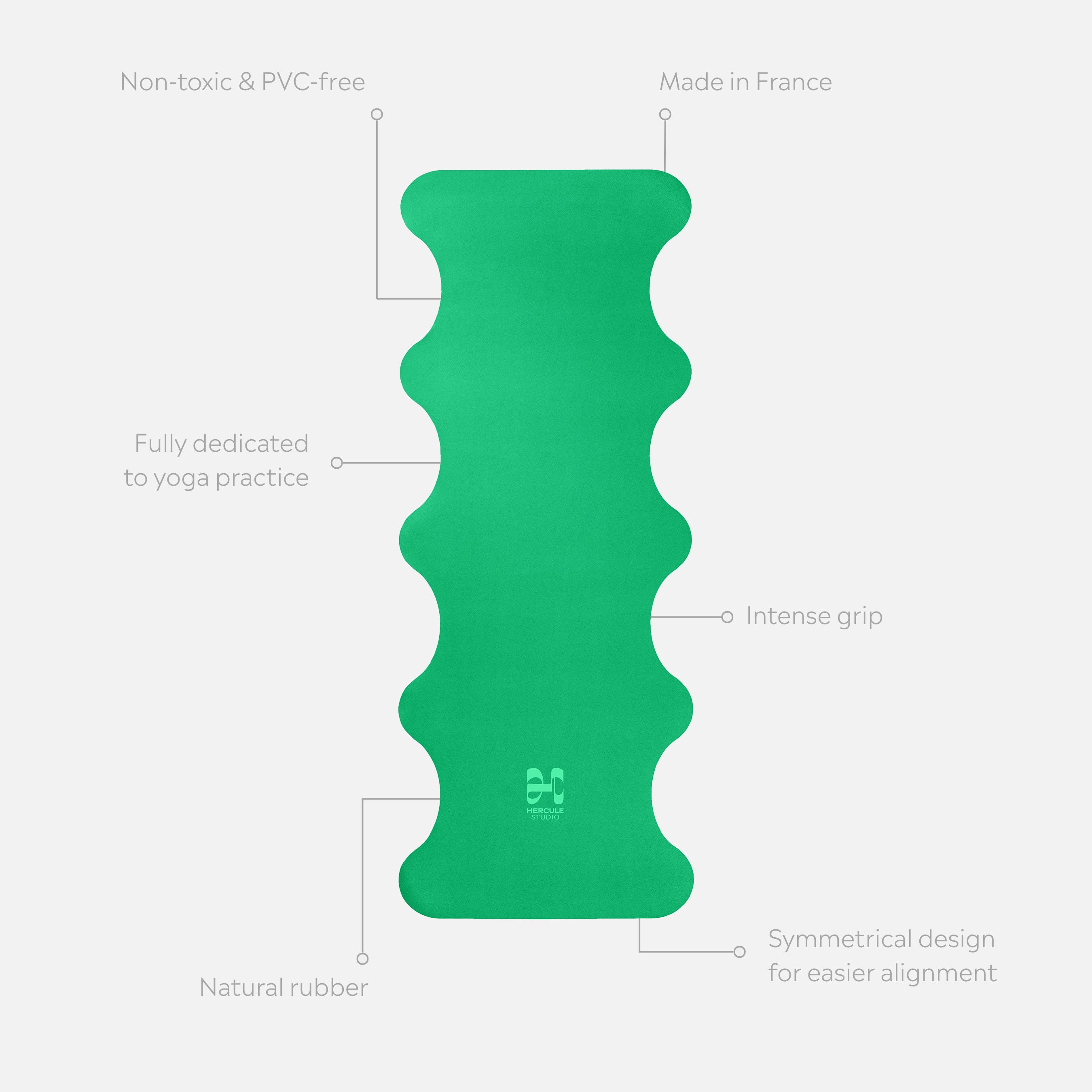 Tapis de sol pour le yoga de la marque hercule studio modèle mar couleur golf green packshot déplié avec éléments de réassurance