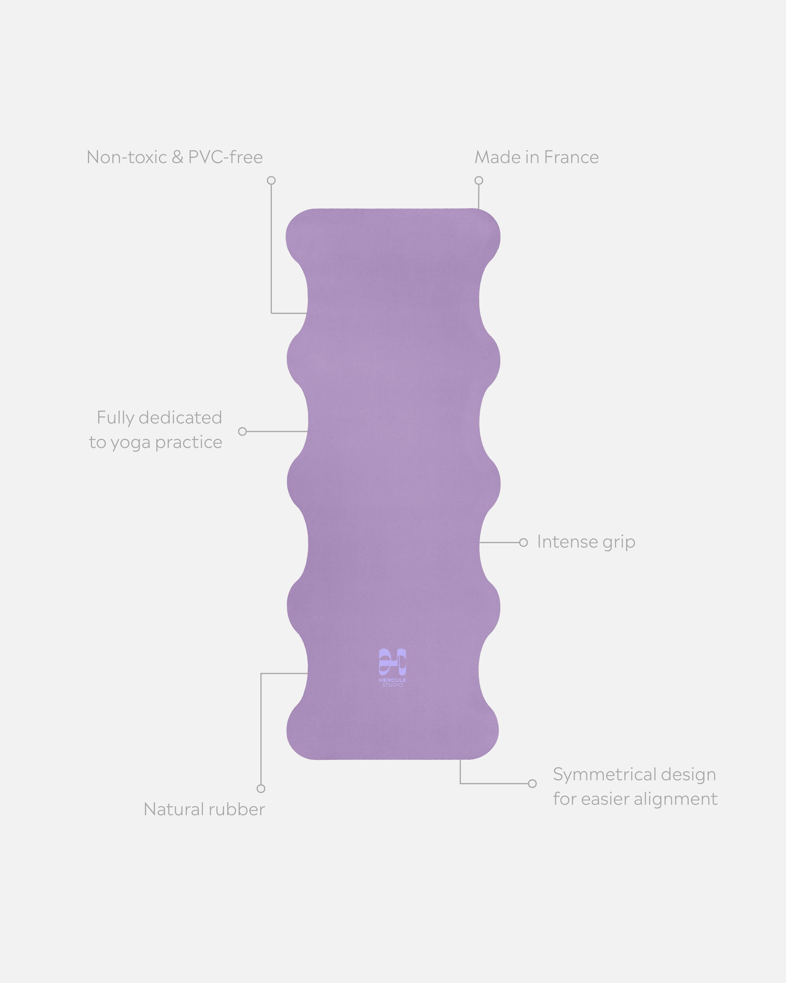Mar Lavender Hercule Studio yoga mat unrolled with visual markers, natural rubber PVC-free, strong grip and durable wavy design