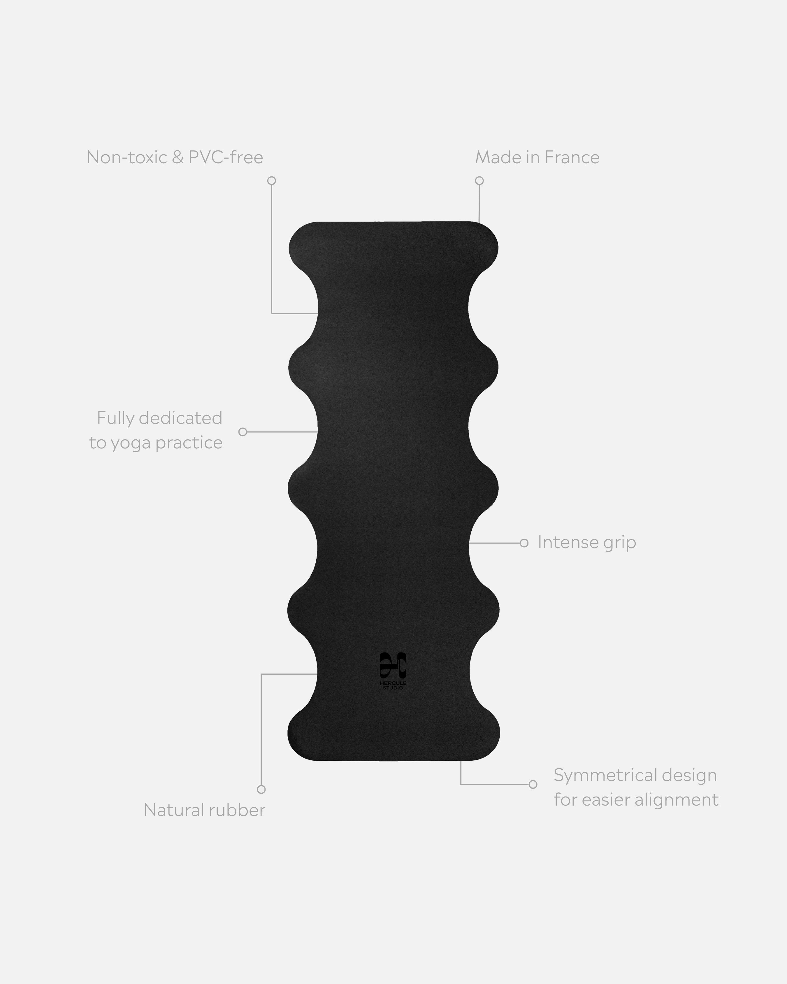 Mar Midnight Black yoga mat unrolled with trust elements, non-slip natural rubber, intensive yoga performance