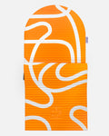 Hercule Studio Archy orange and ecru printed (Bari Orange Pop) arch-shaped sport mat, durable Made in France design mat for fitness, Pilates and stretching, half unrolled view