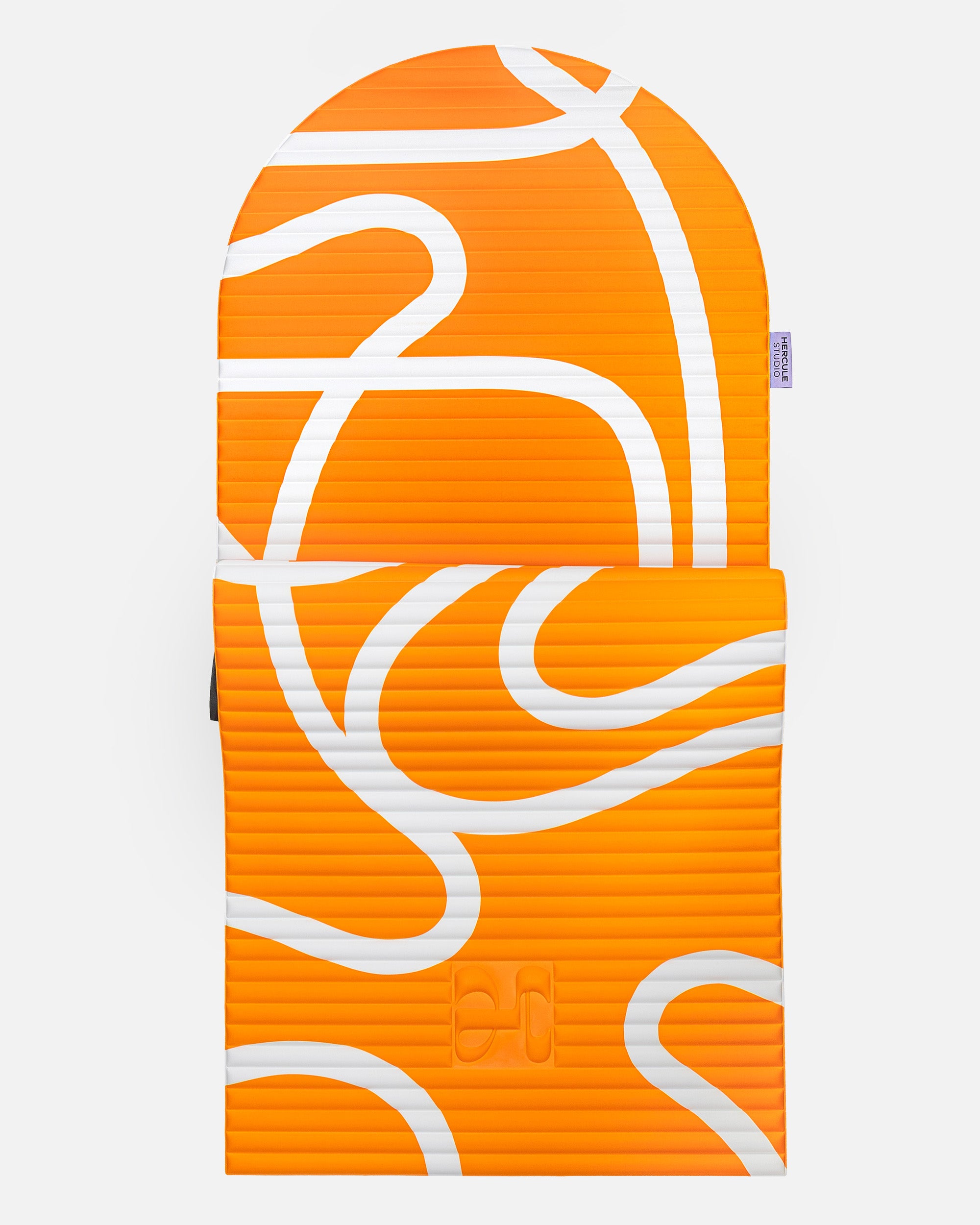 Hercule Studio Archy orange and ecru printed (Bari Orange Pop) arch-shaped sport mat, durable Made in France design mat for fitness, Pilates and stretching, half unrolled view