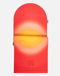 Hercule Studio x Univers Uchronia arch-shaped sport mat, Archy Summer red and yellow printed model, durable Made in France design mat for fitness, Pilates and stretching, half unrolled view