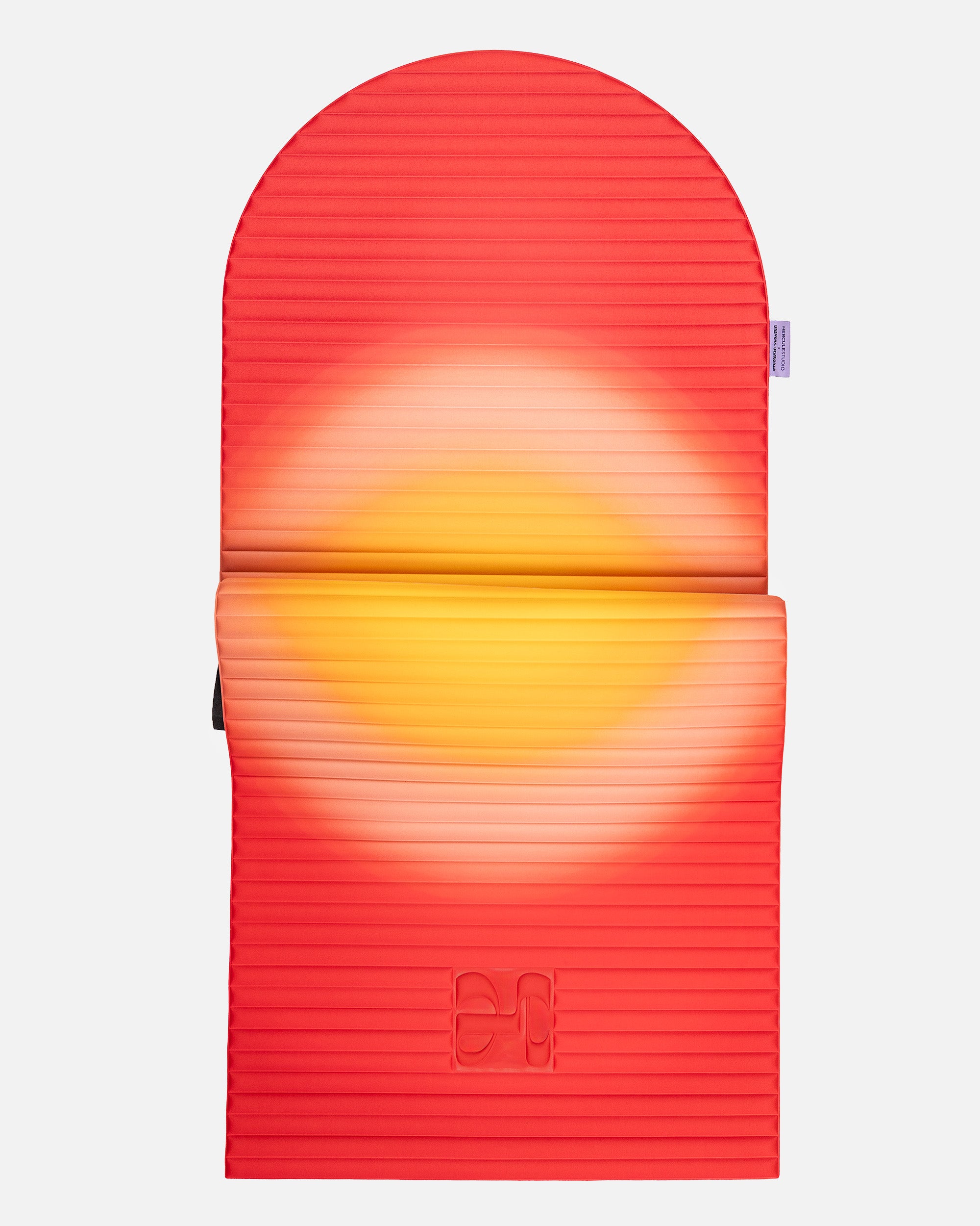 Hercule Studio x Univers Uchronia arch-shaped sport mat, Archy Summer red and yellow printed model, durable Made in France design mat for fitness, Pilates and stretching, half unrolled view