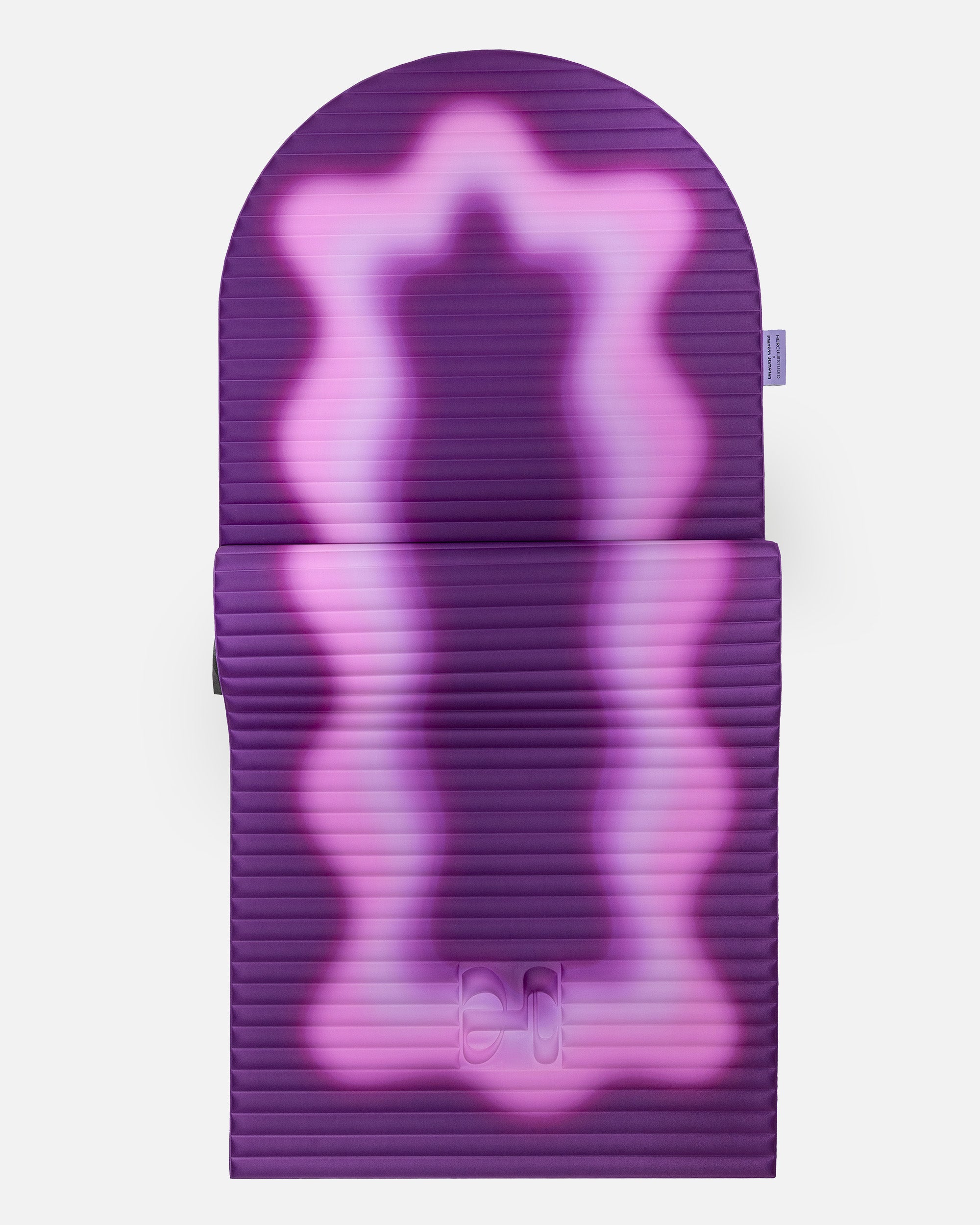 Hercule Studio x Univers Uchronia arch-shaped sport mat, Archy Winter purple printed model, durable Made in France design mat for fitness, Pilates and stretching, half unrolled view