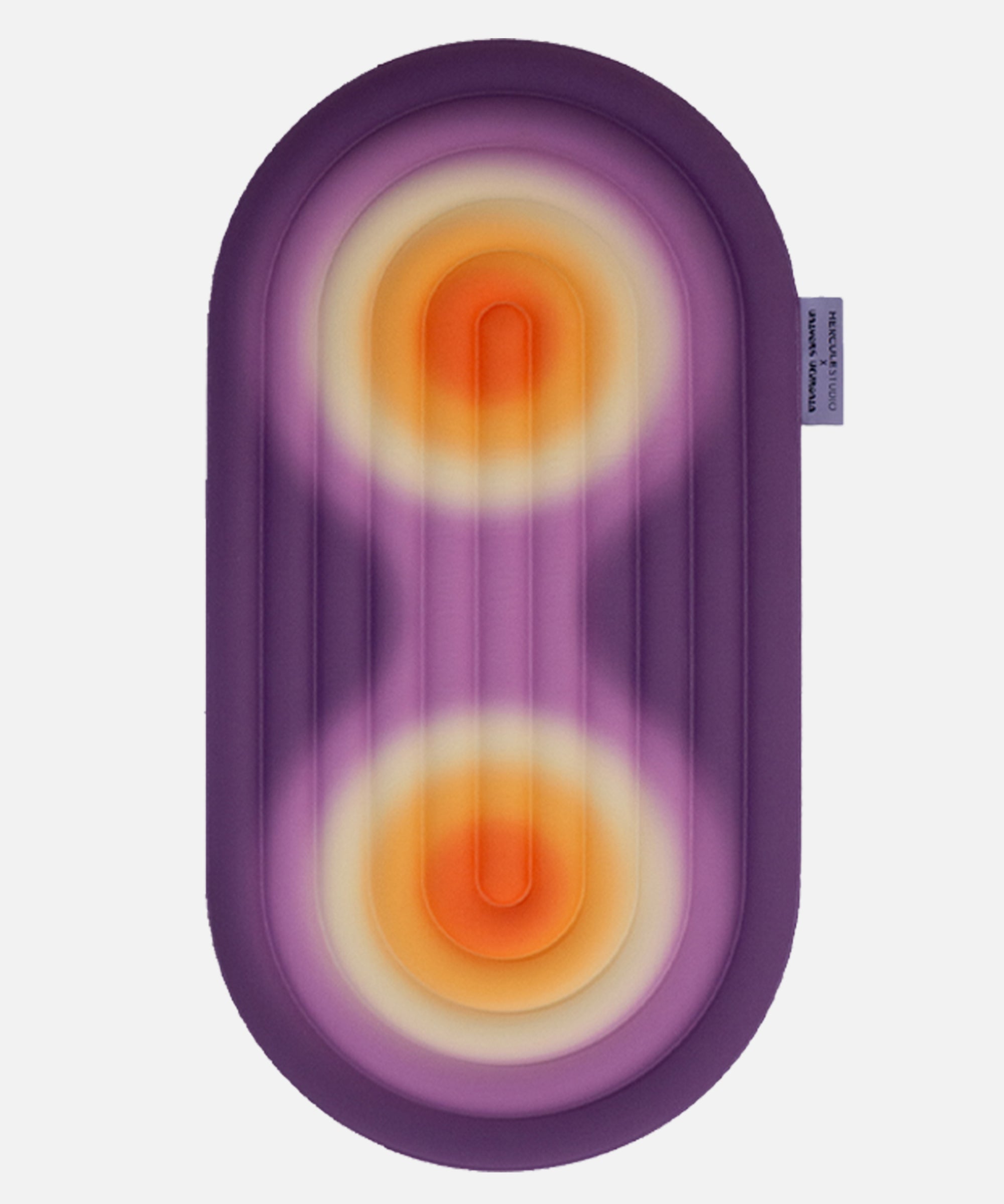 Hercule Studio Galé mini mat unrolled – limited edition Fall in collaboration with Univers Uchronia – purple background with 2 orange circles – portable 3-in-1 comfort pad, ergonomic for knees, elbows, glutes, Pilates/Reformer compatible, durable French design