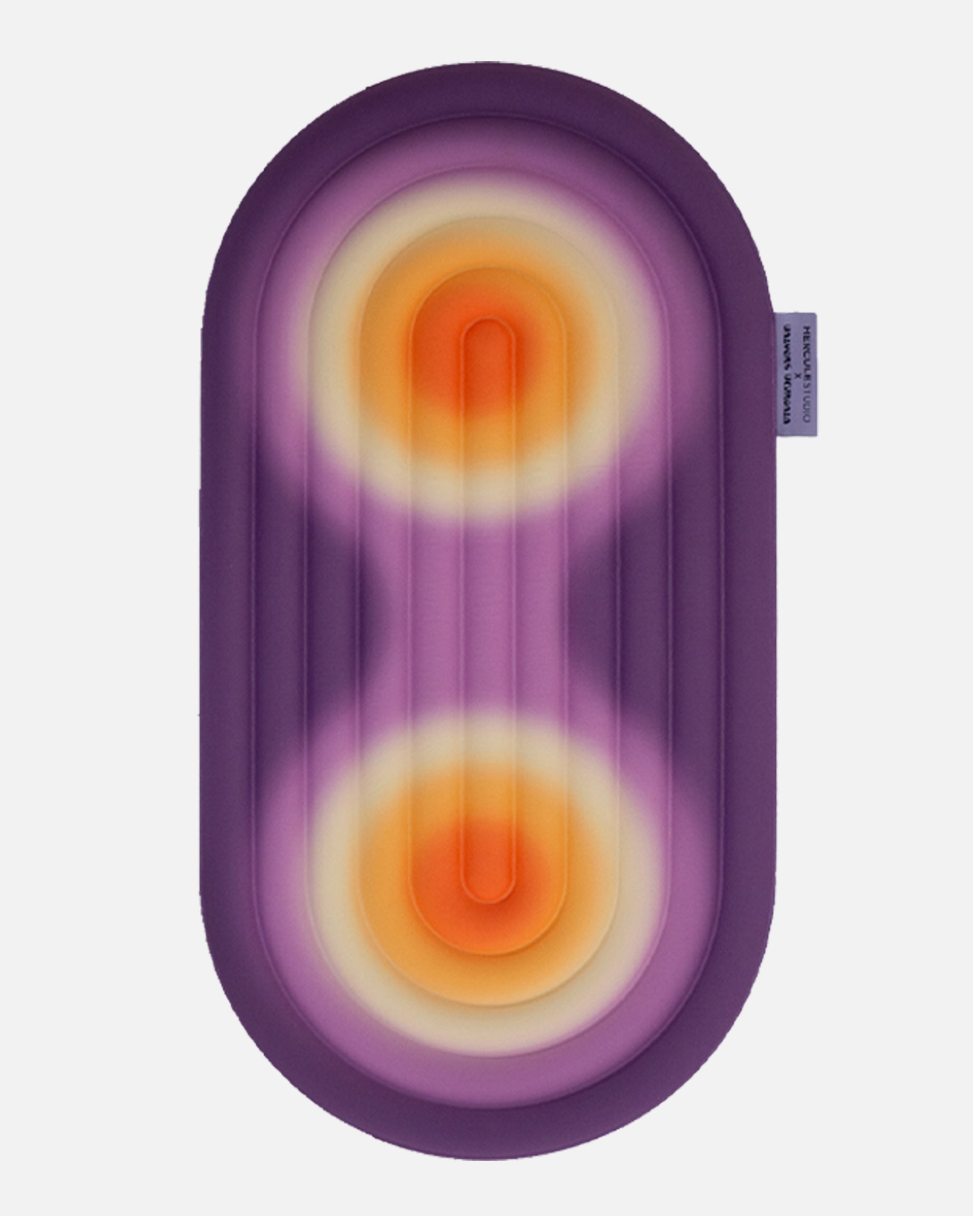 Hercule Studio Galé mini mat unrolled – limited edition Fall in collaboration with Univers Uchronia – purple background with 2 orange circles – portable 3-in-1 comfort pad, ergonomic for knees, elbows, glutes, Pilates/Reformer compatible, durable French design