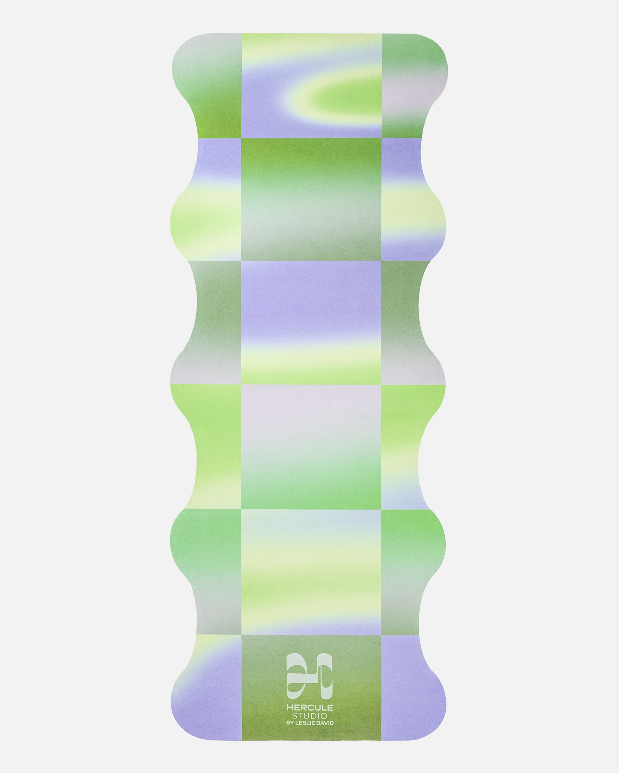 Hercule Studio x Leslie David Breathe In yoga mat unrolled, machine-washable suede, blue-green-silver artistic design in limited edition