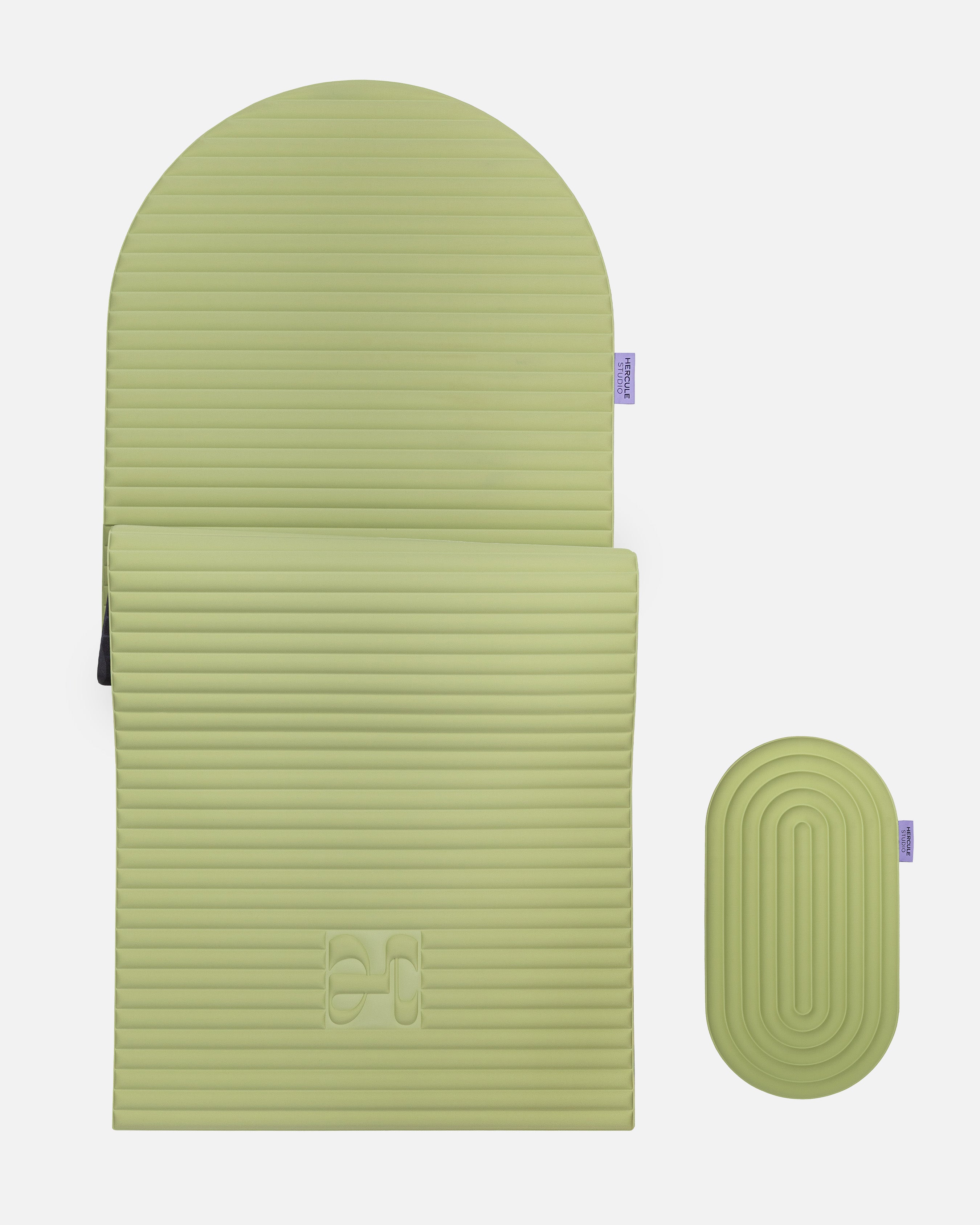 Hercule Studio pistachio green comfort bundle pairing the ergonomic Archy mat with the portable Galé mini mat, bundle designed for comfort in Pilates, yoga and Reformer, responsible French craftsmanship, packshot visual