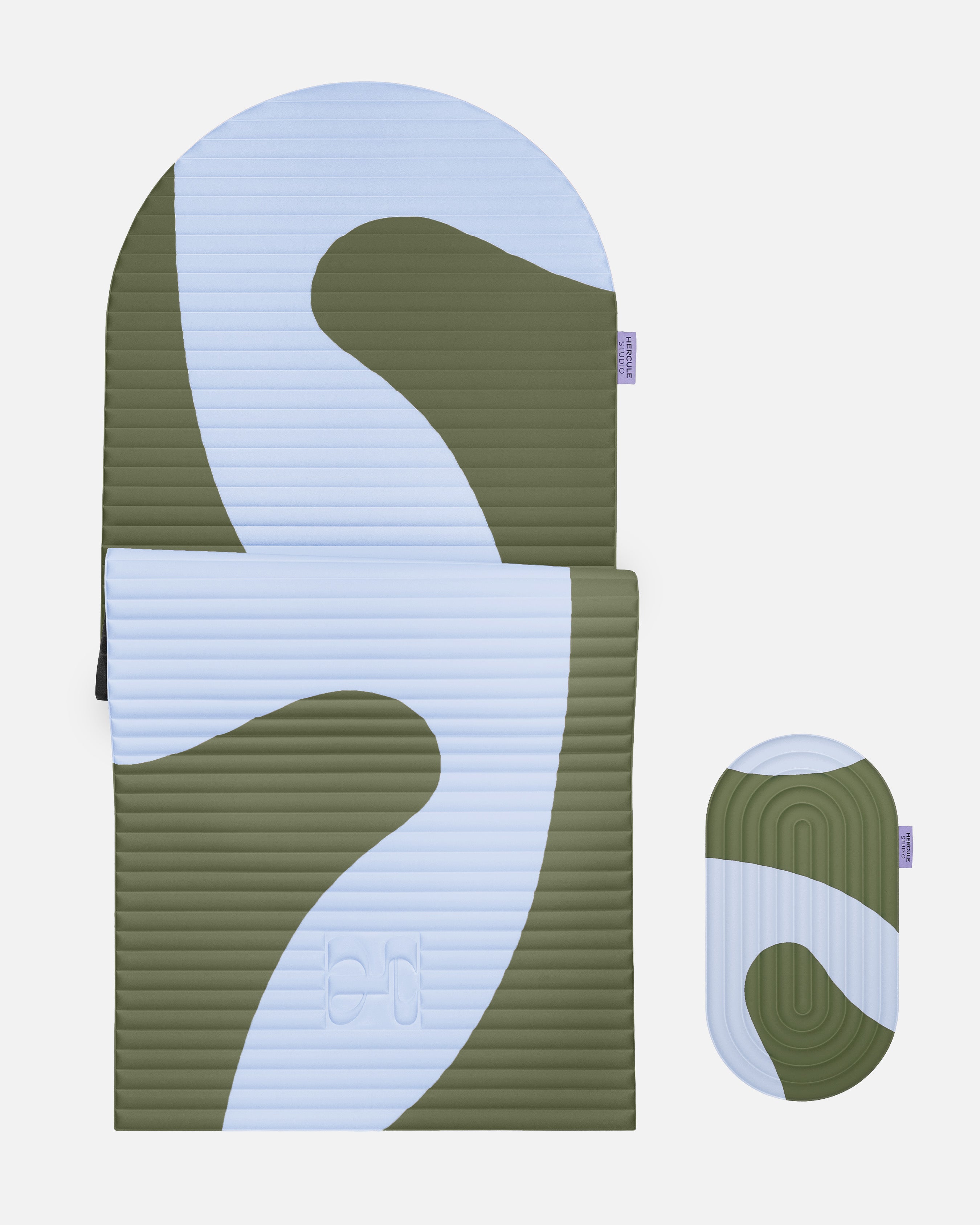 Hercule Studio Axel khaki blue printed comfort bundle with the premium Archy mat and the portable Galé 3-in-1 mini mat, ergonomic bundle for Pilates, yoga and Reformer, durable French craftsmanship, packshot