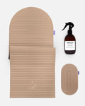 Hercule Studio Dune beige essential wellness bundle including the ergonomic Archy mat, the Galé comfort mini mat and the sport mat sanitizing spray, eco-designed Made in France Pilates and fitness pack, packshot visual