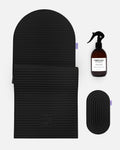 Hercule Studio Midnight Black essential sport bundle bringing together the premium Archy mat, the ergonomic Galé comfort pad and the sanitizing spray for yoga and fitness mats, complete Pilates Reformer solution Made in France, packshot view