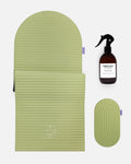 Hercule Studio pistachio green essential bundle with the ergonomic design Archy mat, the portable Galé 3-in-1 mini mat and the sport mat cleaning spray, complete Pilates and stretching bundle made in France, packshot visual